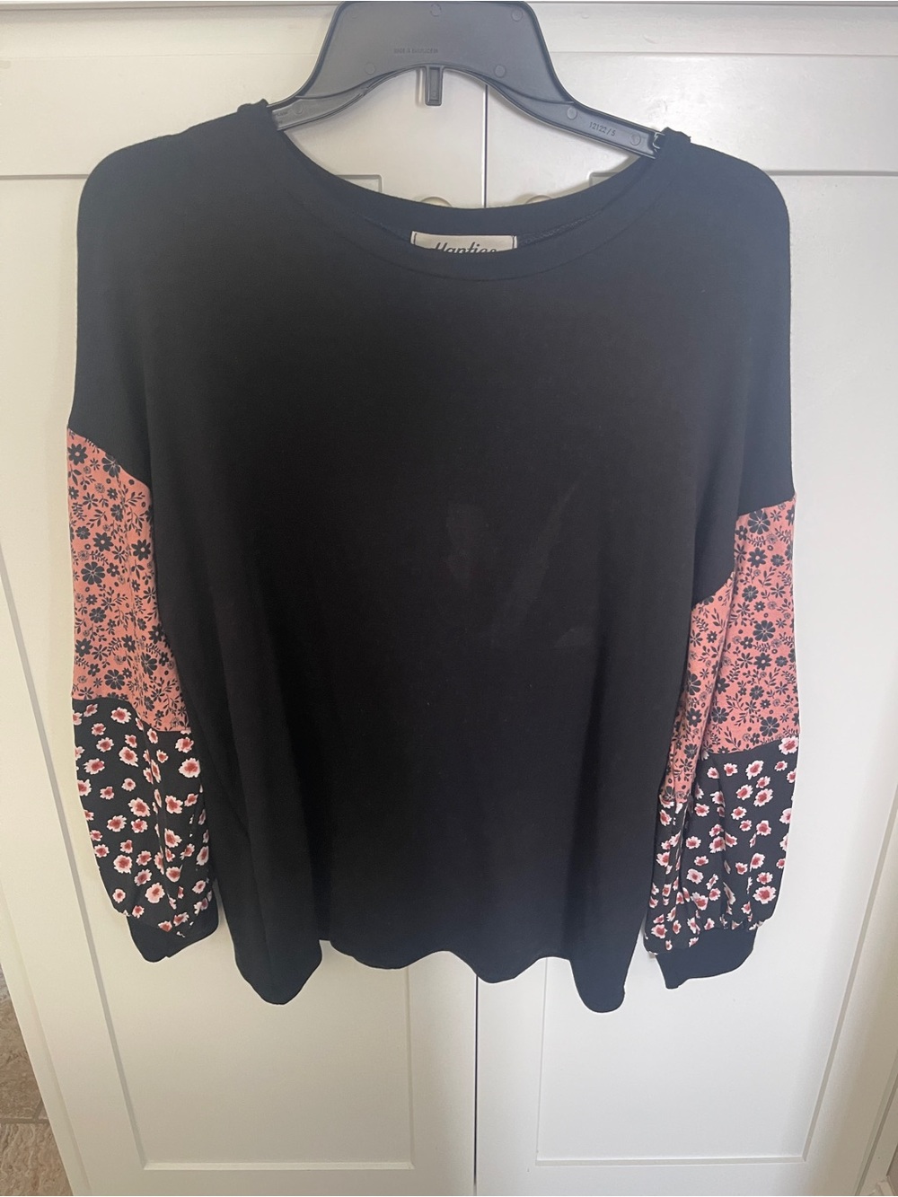 Haptics Black Pullover Top with Pink Floral Sleeve Panels